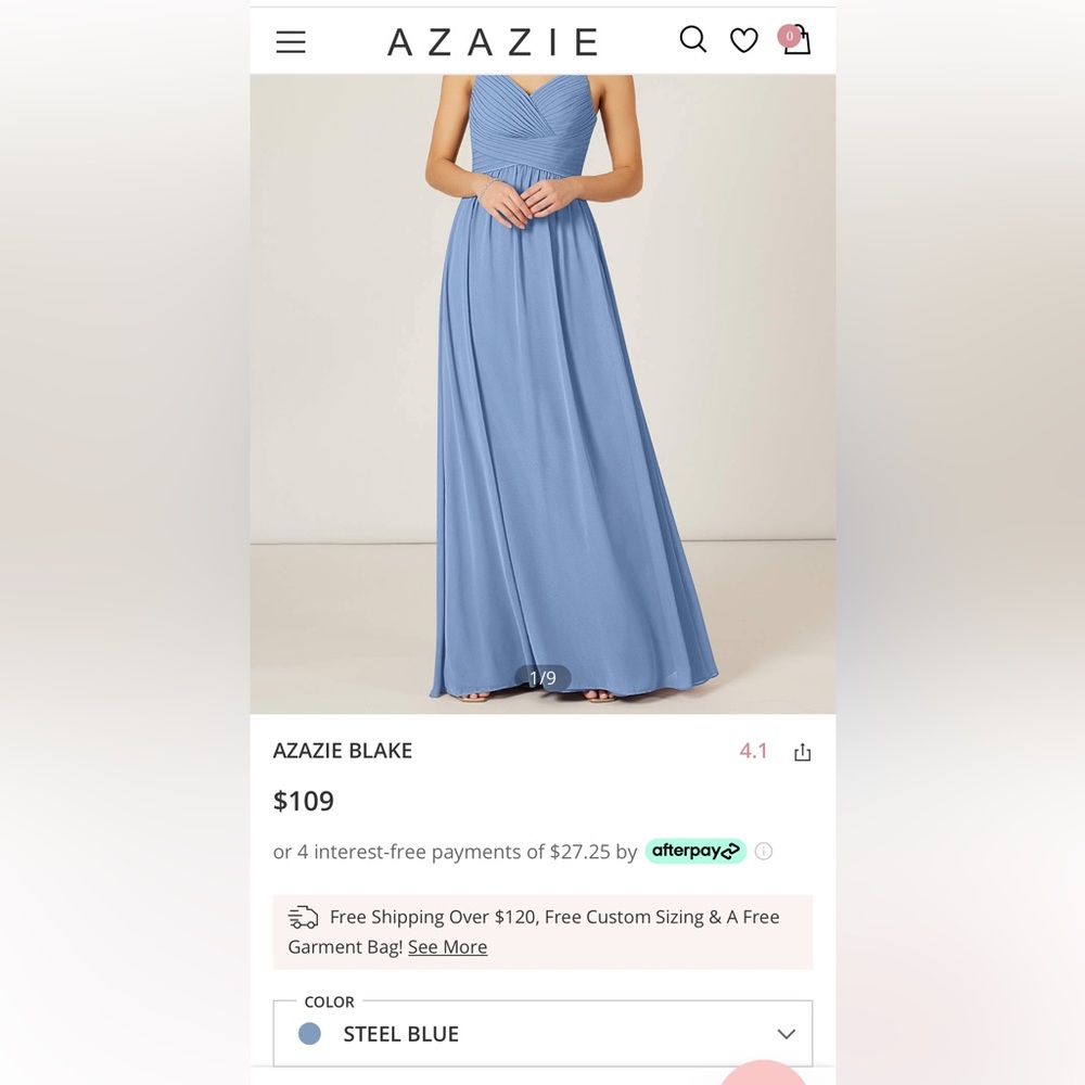 Azazie Blake bridesmaid dress- steel blue, size A8